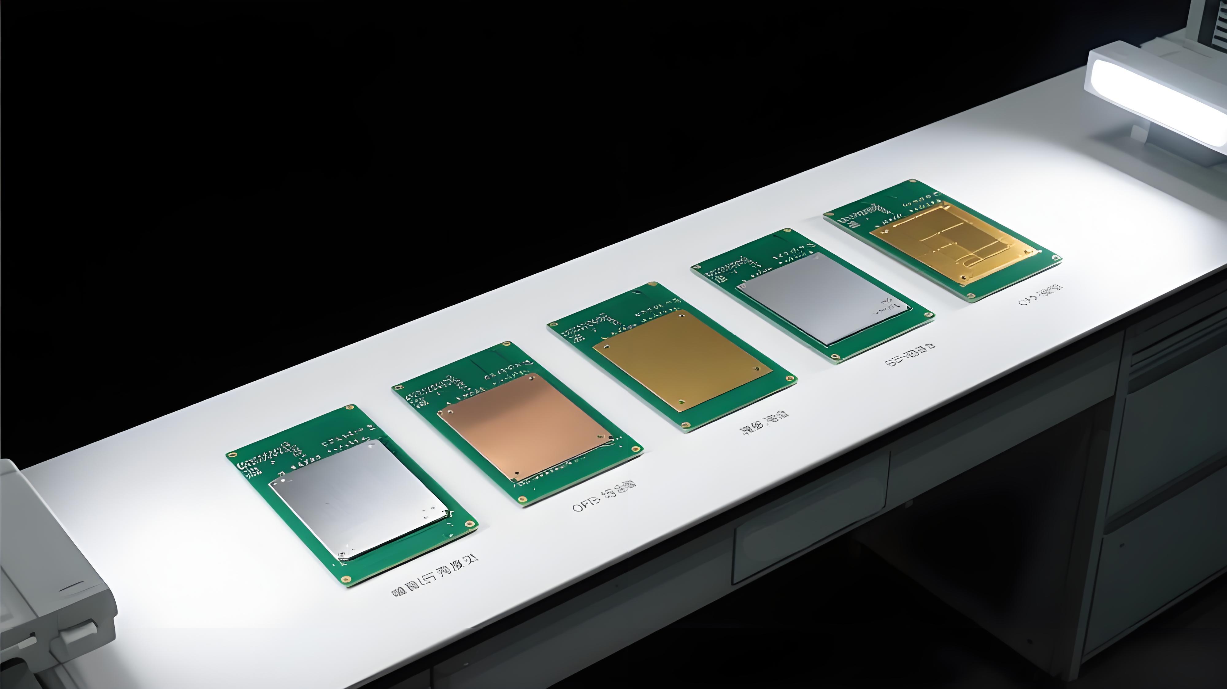 PCB不同表面处理工艺样板对比，展示喷锡、OSP、沉金、沉银等工艺外观差异.jpeg