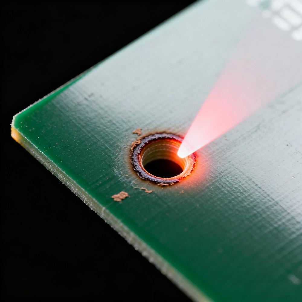 CO₂激光钻孔FR-4基材微盲孔特写，50μm孔径孔壁呈85°锥度.jpeg