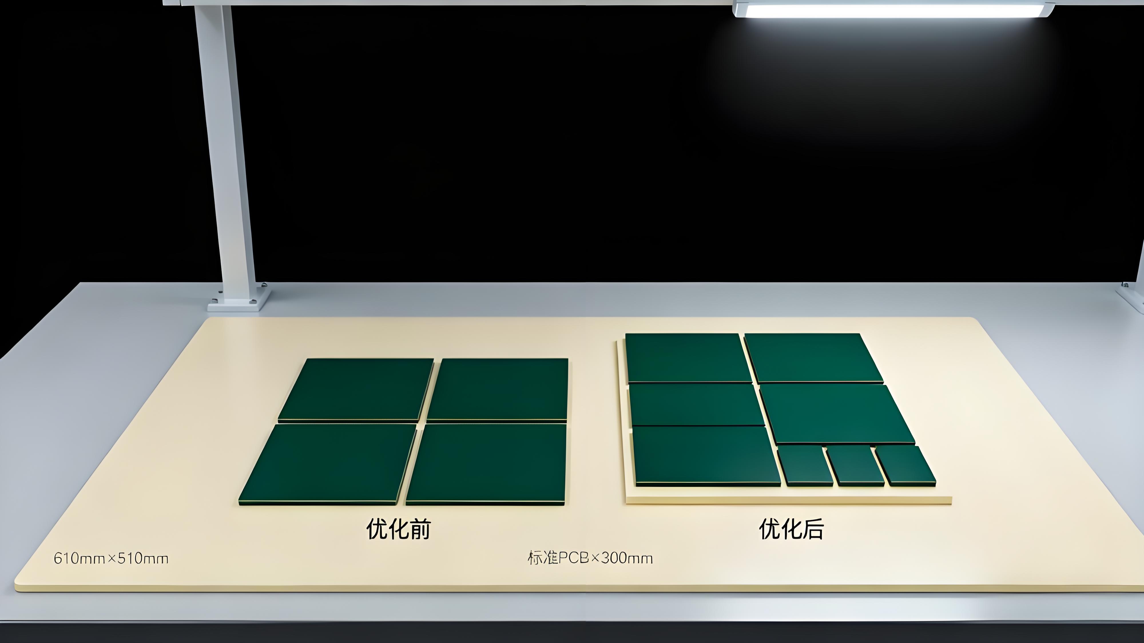 PCB拼板利用率优化对比场景,610mm×510mm板材上优化前后排列差异显著.jpeg