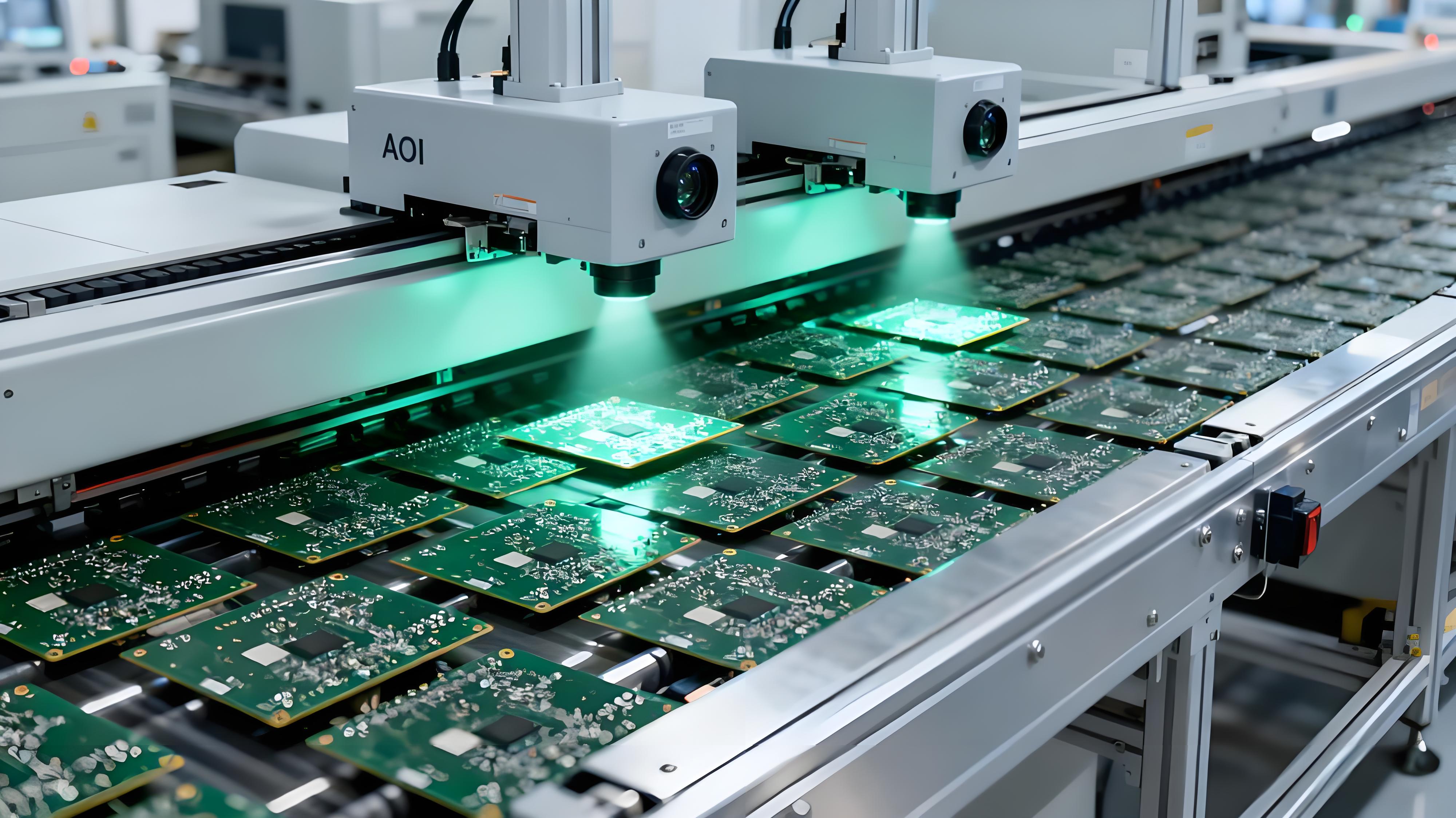 PCB量产AOI在线测试场景，银灰色传送带运送多片PCB实现高速检测.jpeg