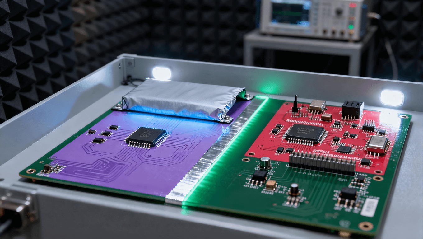 PCB传感器抗干扰场景，接地隔离带+屏蔽罩使串扰噪声降至8mV.png