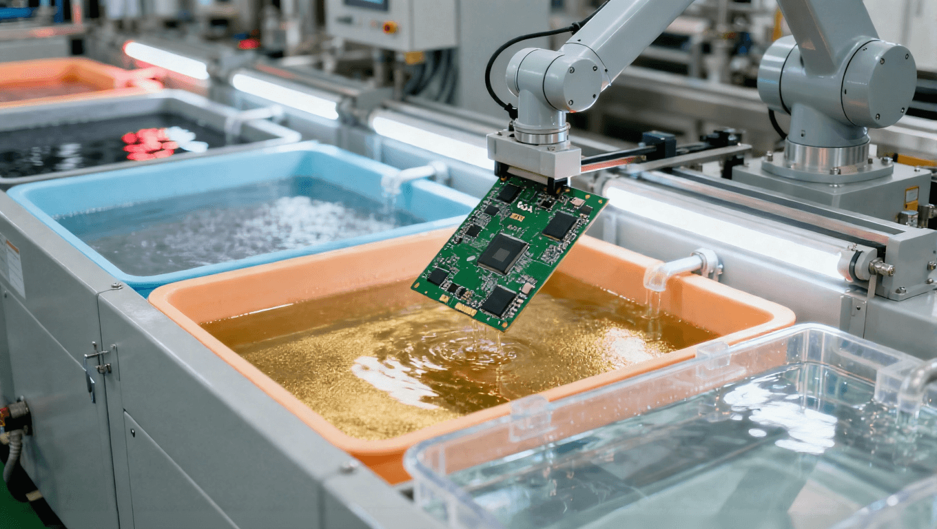 PCB无氰沉金工艺场景，无氰金盐沉积0.1-0.5μm金层适配BGA封装手机主板.png