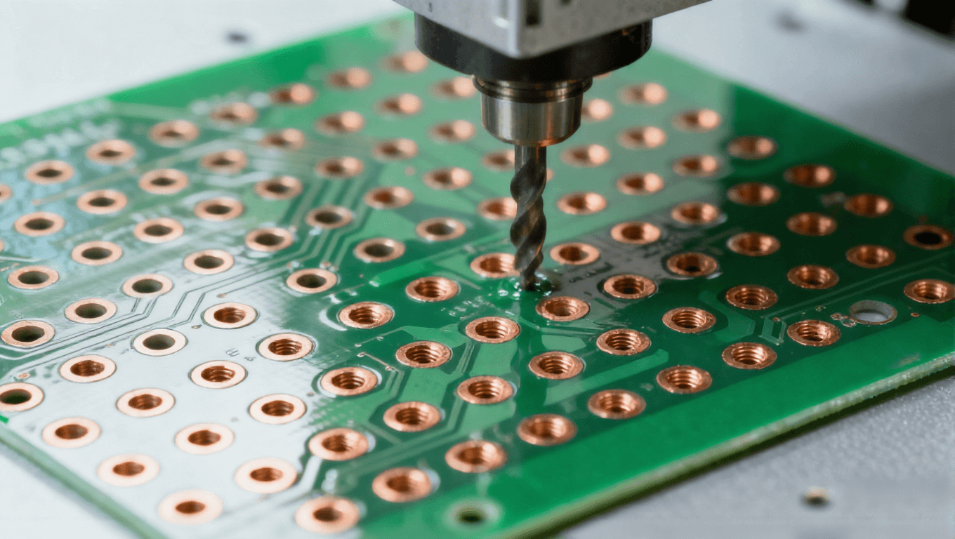 工业加工场景中带有精准孔位和绿色阻焊层的PCB基板,焊盘区域暴露铜箔光泽.png