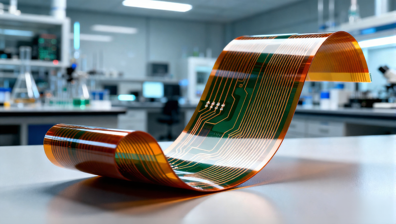 现代化电子实验室中,弯曲的柔性电路板基材展示多层结构与三维灵活性.png