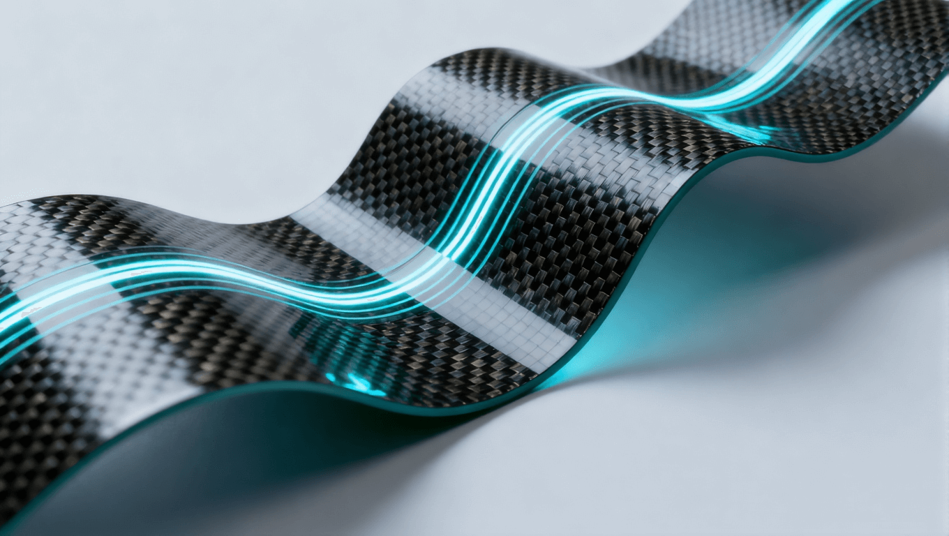 柔性复合电路板，碳纤维与石墨烯层嵌入聚合物中，发光热流线，现代科技设计.png
