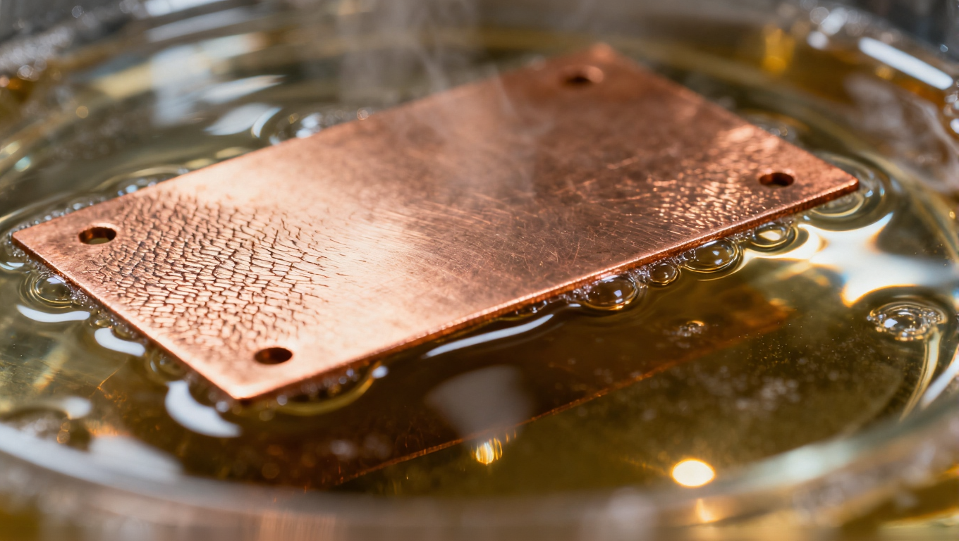 展示电路板表面除油和微蚀工艺的细节,铜面处理后的光滑质感与溶液反射的温暖色调.png