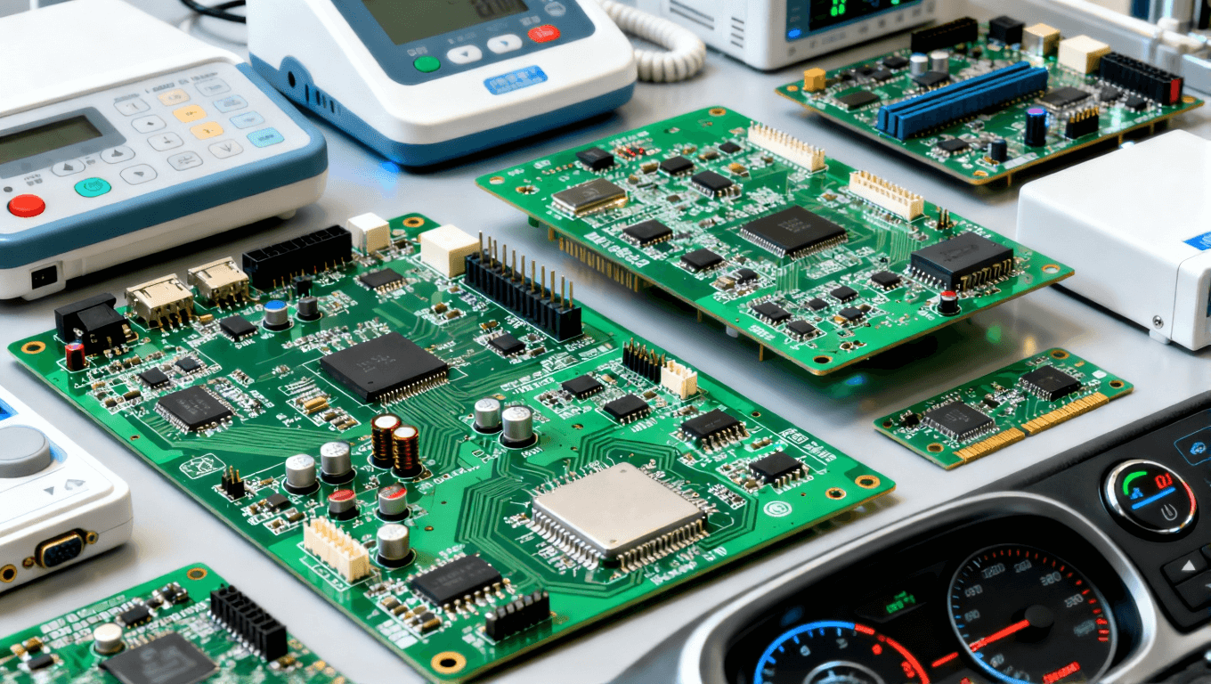 不同行业的高多层PCB应用场景，展示工业控制、医疗设备和汽车控制系统中高精度PCB的应用.png