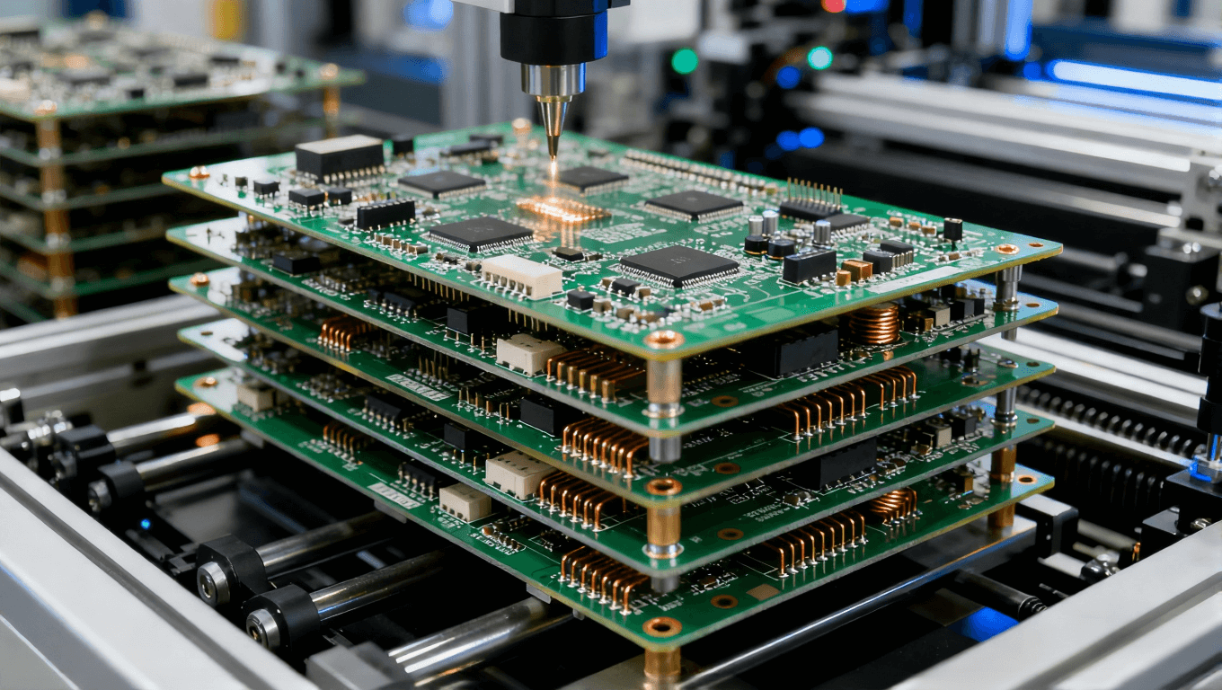 精密的高多层PCB制造过程，展示多层电路板、焊接点和电子元件，突出高科技工厂中的精细操作.png