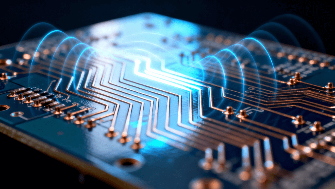 高频电路板特写,蓝色光影下精确的铜线轨迹,展示介电常数稳定性对信号完整性的影响.png