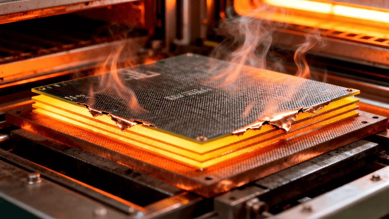 多层电路板热应力测试场景,展示高温下铜层与基材因热膨胀系数不匹配导致的分离现象 (1).png