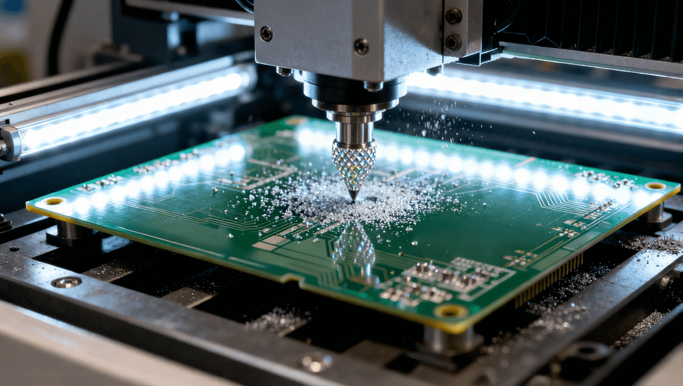 CNC钻床加工高频电路板特写,金刚石涂层钻头与精细粉尘,展示高精度制造工艺.png