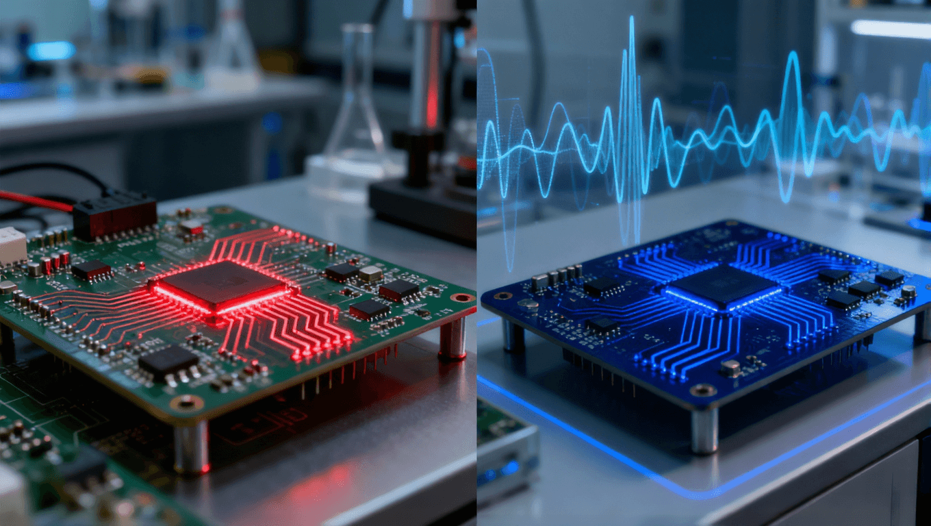 电路板信号损耗对比图,左为低频红色轨迹,右为高频蓝色轨迹,展示不同频率下的衰减差异 (1).png