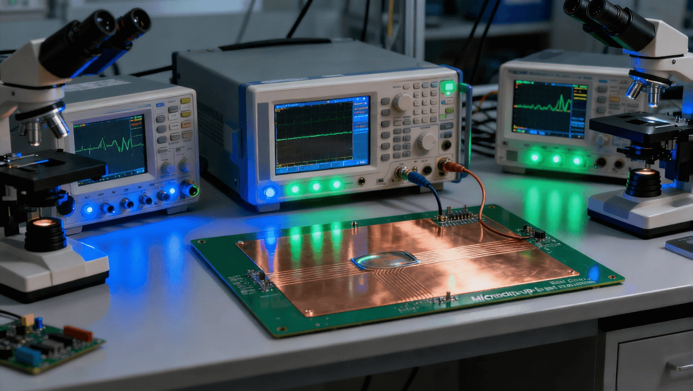 实验室中网络分析仪与微带线测试板连接,多种仪器共同检测高频板材性能.png