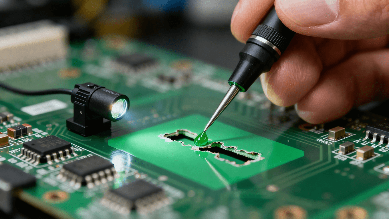 使用精密针头对PCB上脱落的阻焊桥进行局部点涂修复的微距操作.png