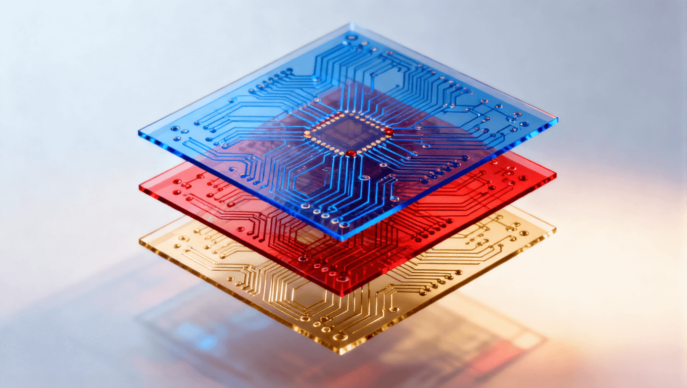 多层PCB制造中菲林层间对位概念的抽象视觉表现,突出图案对齐与集成复杂性.png
