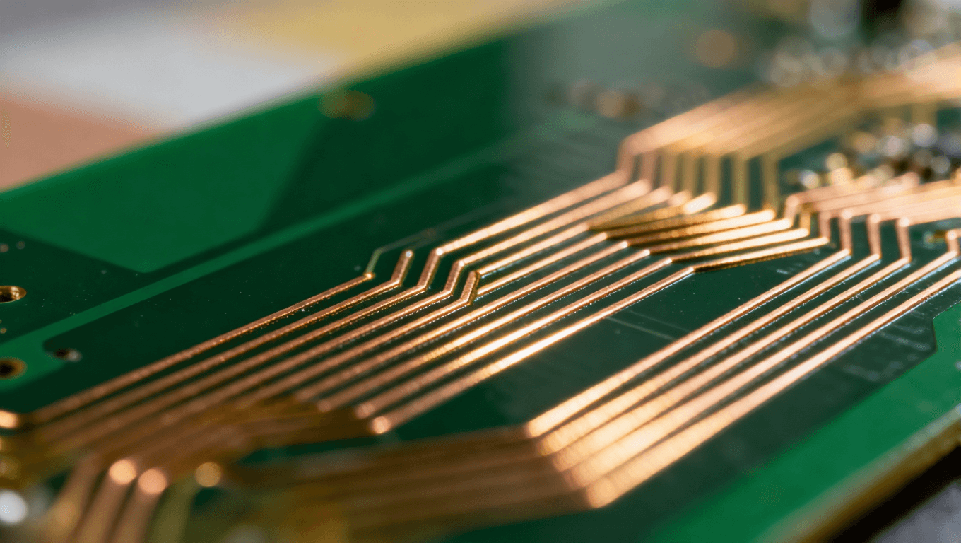 由高精度菲林制造出的精密PCB电路走线微距摄影,展现清晰的线宽与完美的边缘质量.png