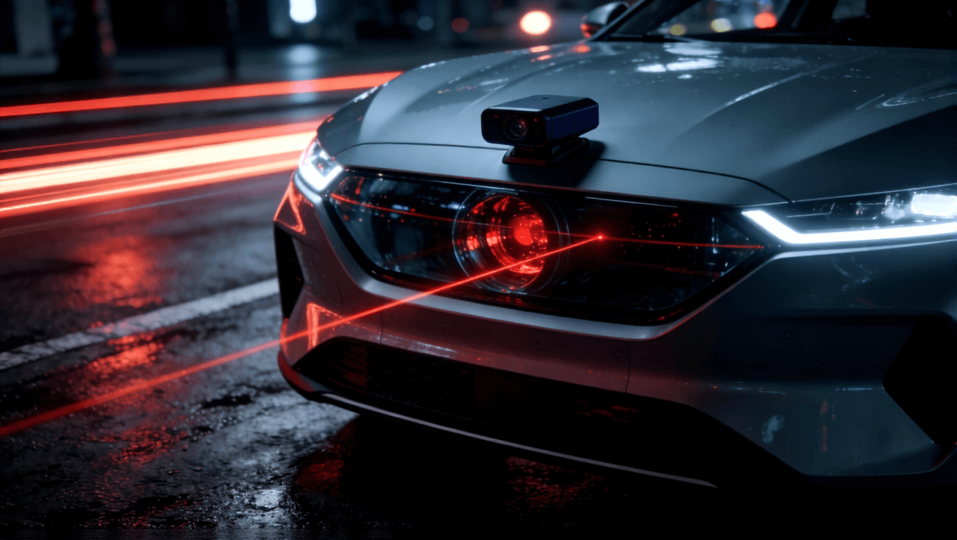 集成于现代汽车前脸的车载激光雷达传感器特写，背景为夜间城市街道.png
