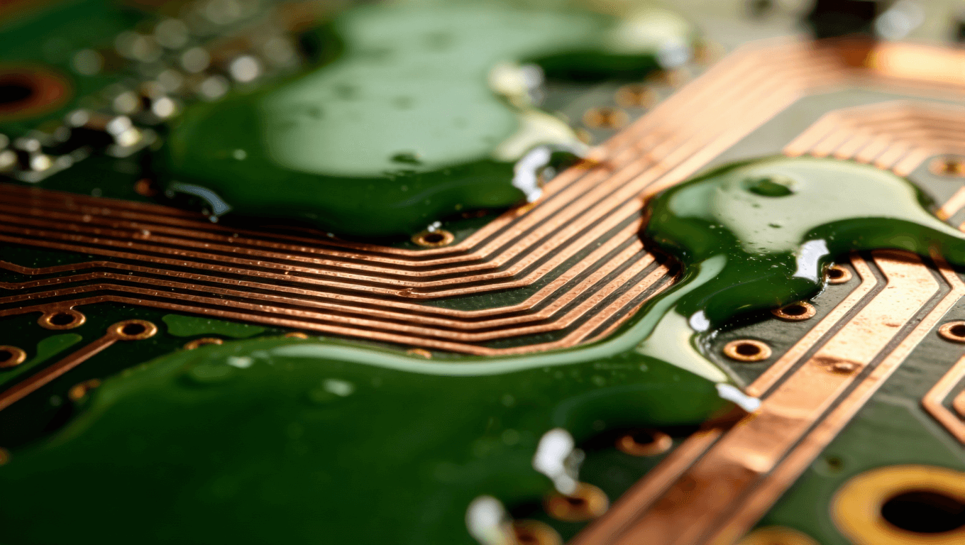 阻焊油涂覆工艺特写，绿色阻焊油覆盖在PCB铜线上，呈现光泽流动感.png