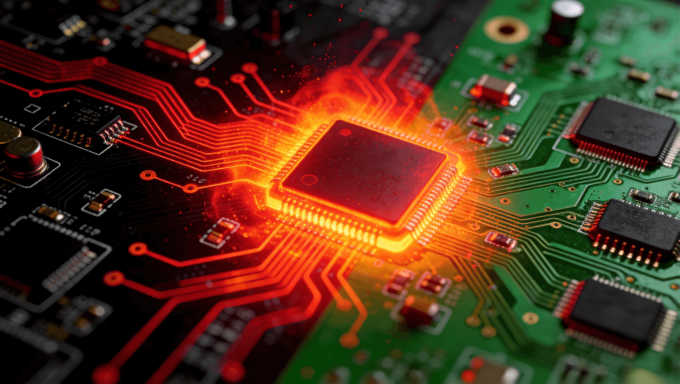 热成像风格插图对比黑色与绿色PCB散热效果，热量以红橙色光晕从芯片中心扩散.png
