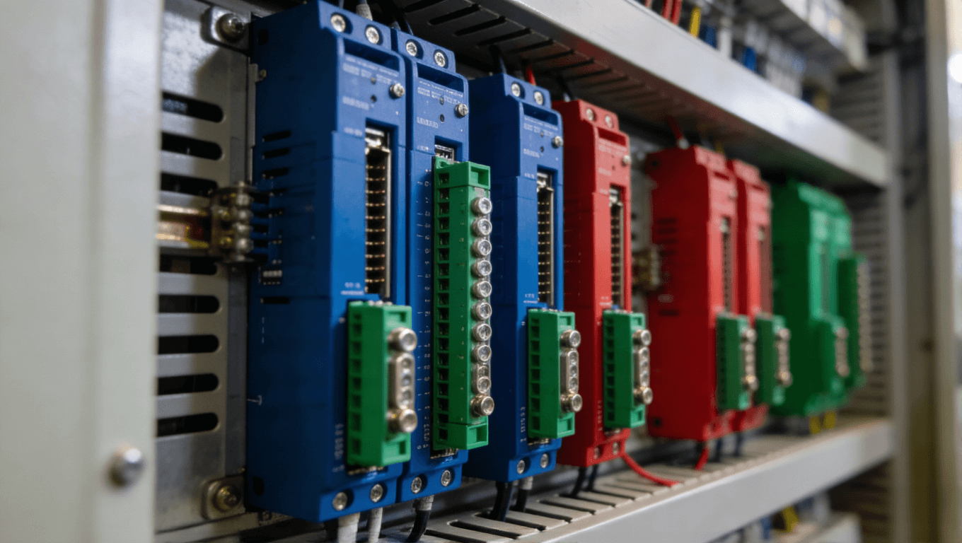 工业控制柜内部彩色PCB模组安装示意图，蓝、红、绿色PCB排列整齐.png