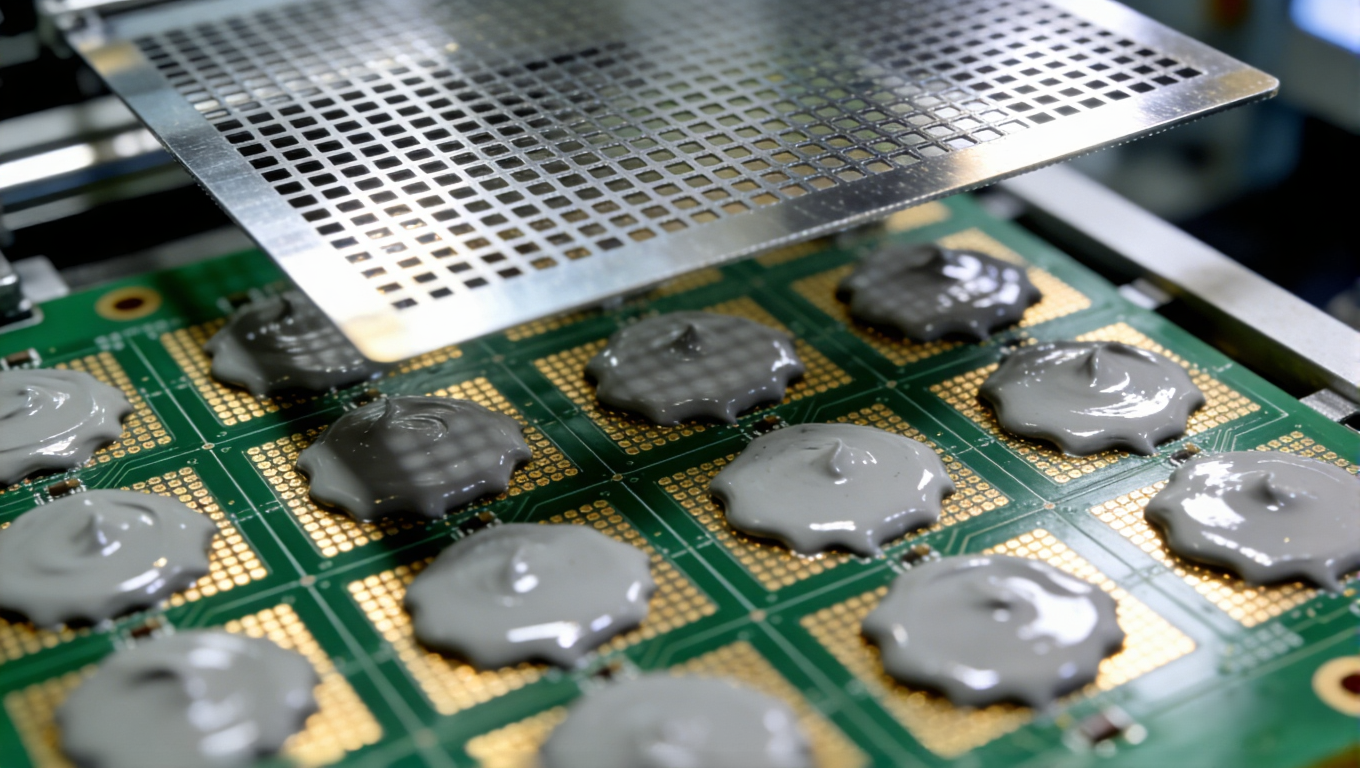 SMT生产线钢网印刷工艺特写，展现金色焊盘上锡膏精确沉积的精密过程.png