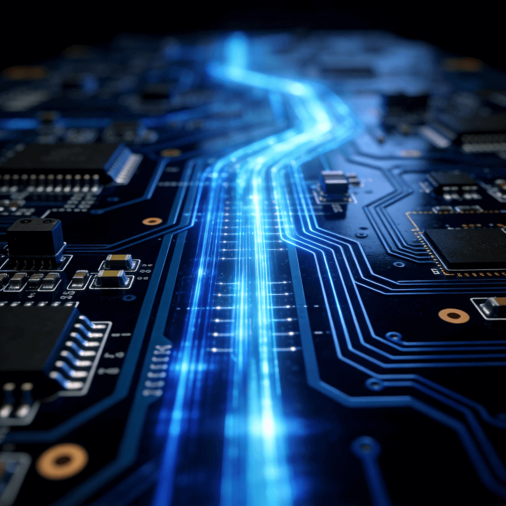 高速信号在 HDI PCB 中低损耗低串扰传输的抽象可视化效果，科技感十足.png