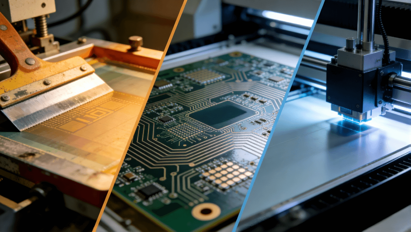 传统丝网印刷与数字喷墨PCB丝印技术对比视觉概念图.png