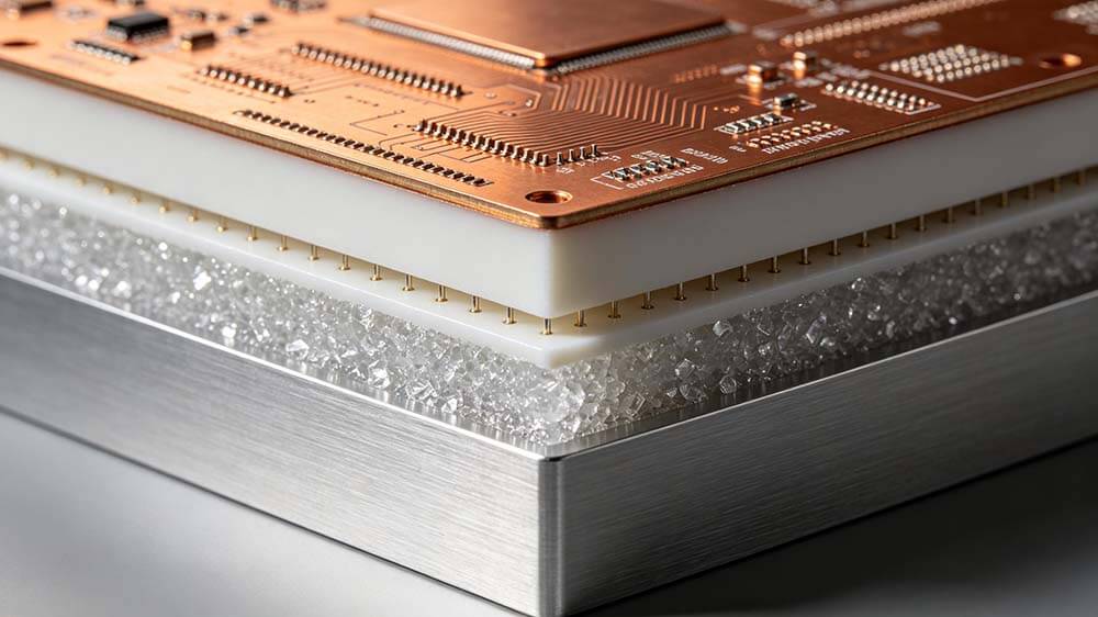 铝基板与铜基板散热效果对比图，金属芯PCB剖面展示绝缘介质层与金属基材的热传导关系.jpeg