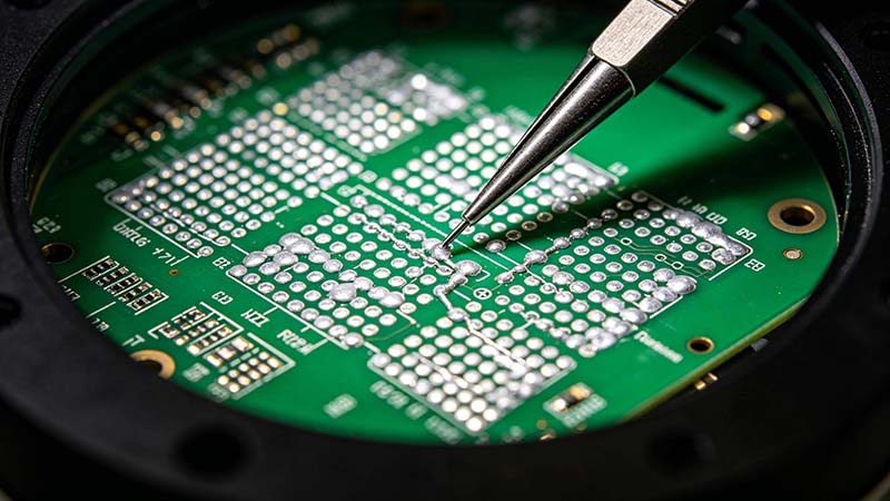 焊膏印刷缺陷排查根因定位，检查显微镜下的PCB焊盘出现桥连与少锡缺陷.jpeg